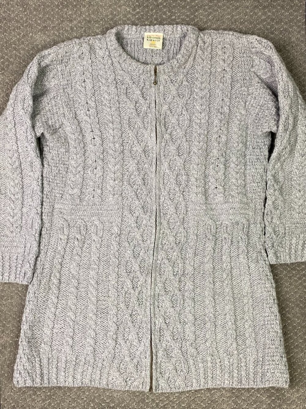 Kilronan Merino Wool Cable Knit Sweater Womens Large Gray Full Zip Cardigan